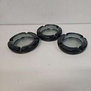 Set of 3 Round Smoky Gray & Black Glass  Nesting Ashtrays 4.5" Diameter